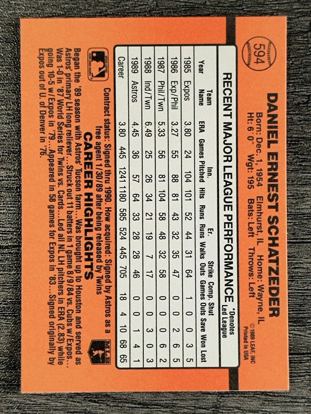1990 Donruss #594 Dan Schatzeder
