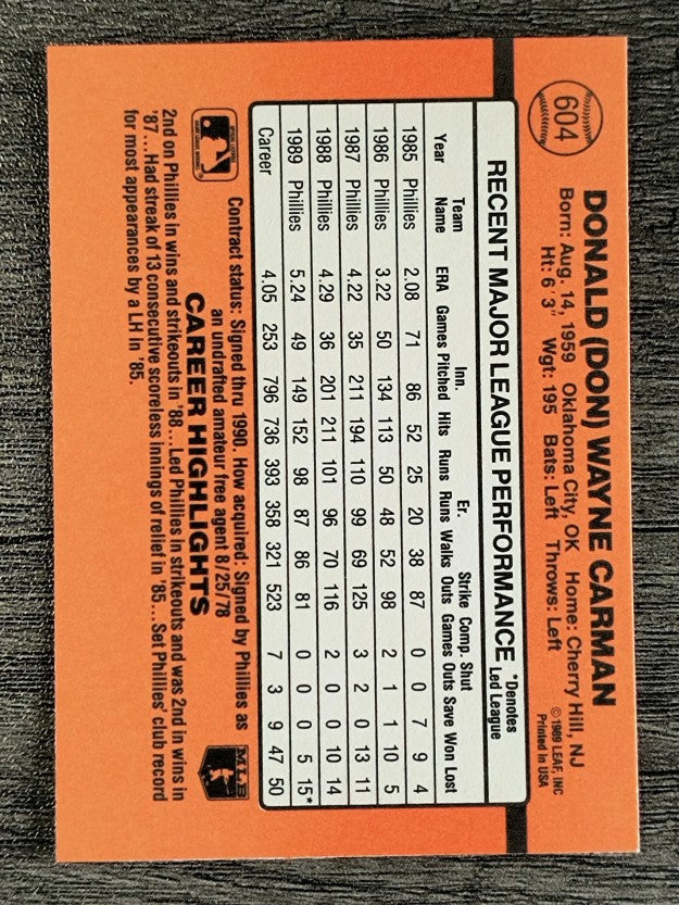 1990 Donruss #604 Don Carman DP
