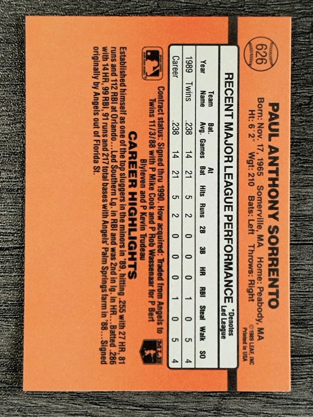 1990 Donruss #626 Paul Sorrento DP RC