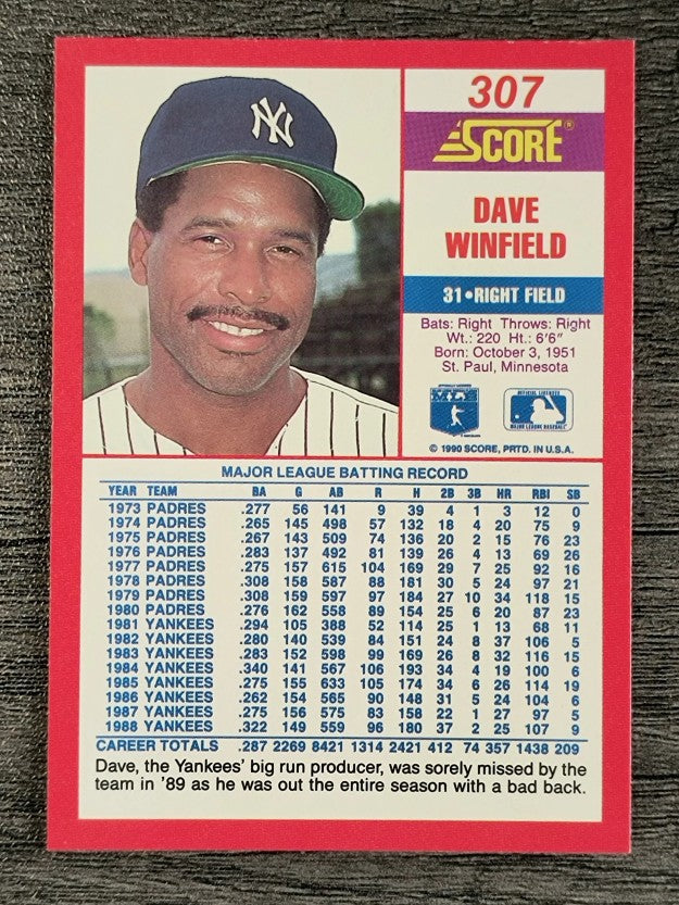 1990 Score #307 Dave Winfield