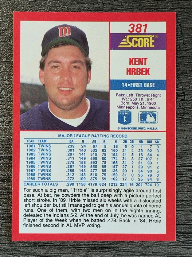 1990 Score #381 Kent Hrbek