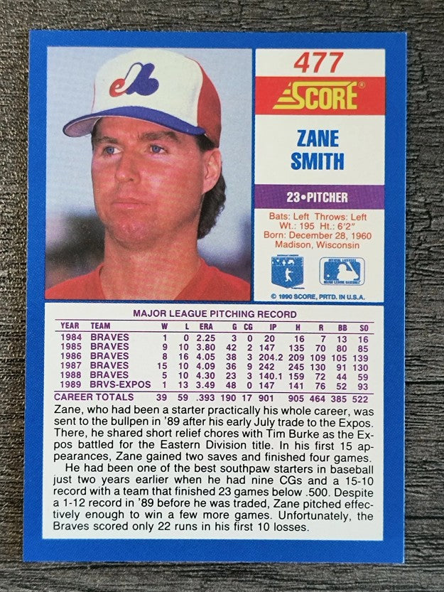 1990 Score #477A Zane Smith ERR/Career ERA .393
