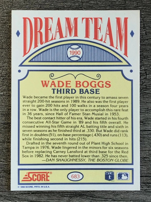 1990 Score #683A Wade Boggs DT ERR/Text says 215 hits in 1989