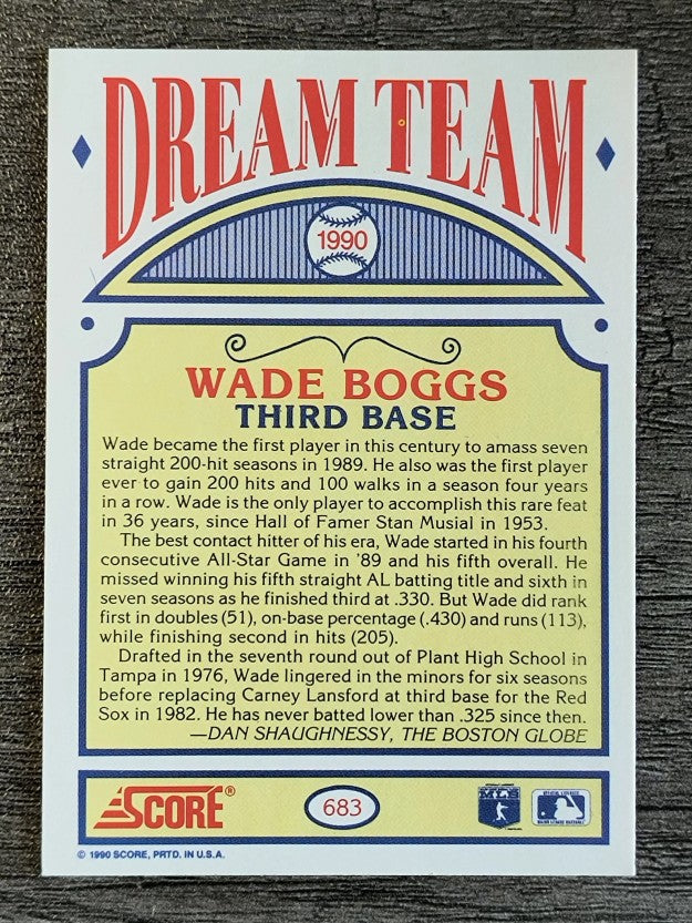 1990 Score #683B Wade Boggs DT COR/Text says 205 hits in 1989
