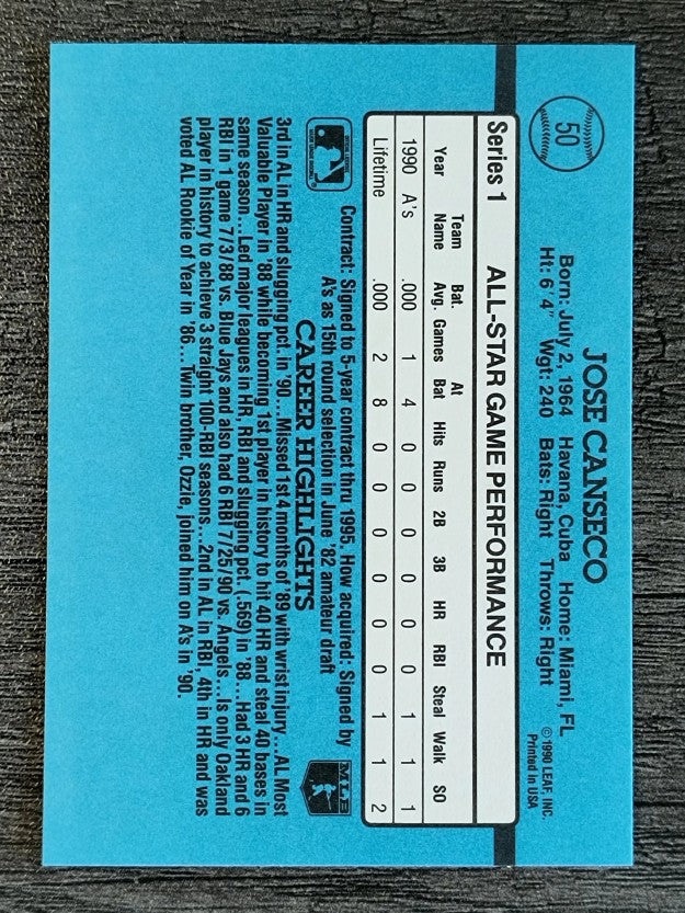 1991 Donruss #50A J.Canseco AS ERR/Team in stat box is A's