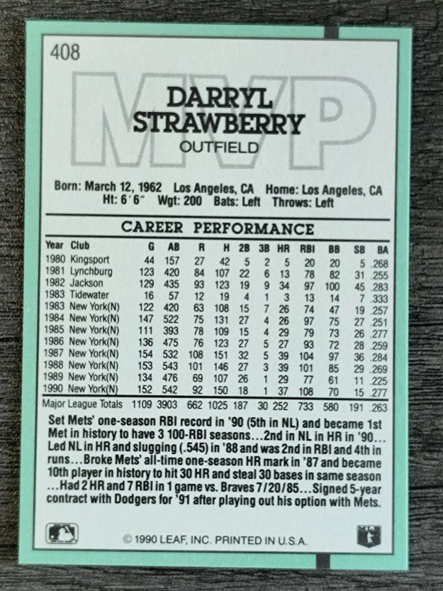 1991 Donruss #408 D. Strawberry MVP
