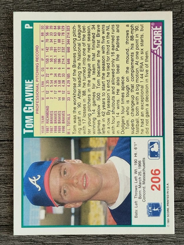 1991 Score #206 Tom Glavine