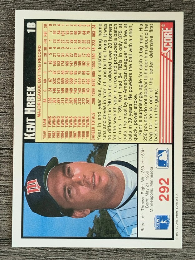 1991 Score #292 Kent Hrbek