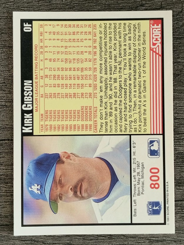 1991 Score #800 Kirk Gibson