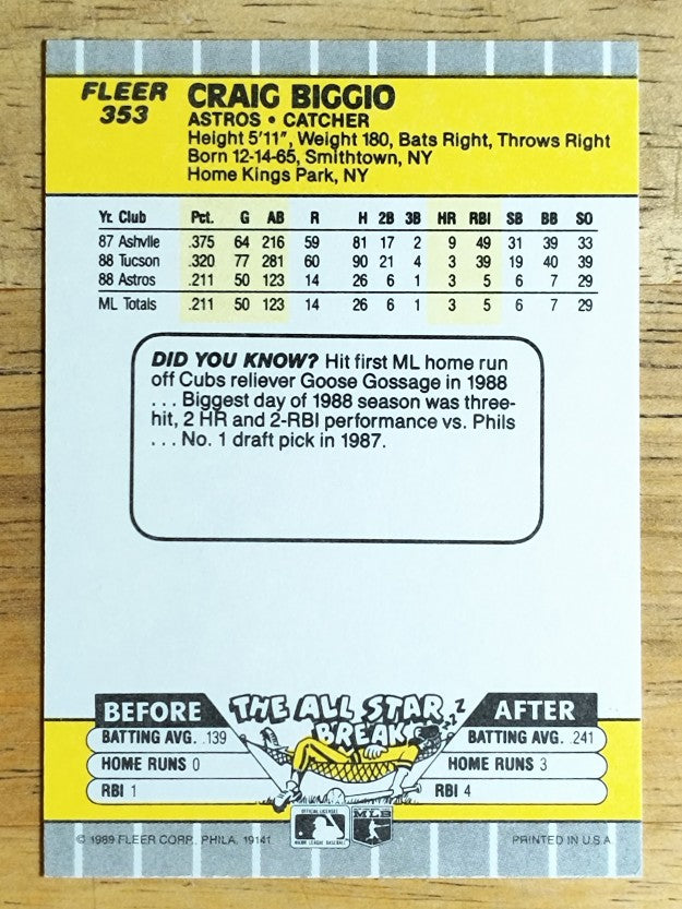 1989 Fleer #353 Craig Biggio RC (NM)