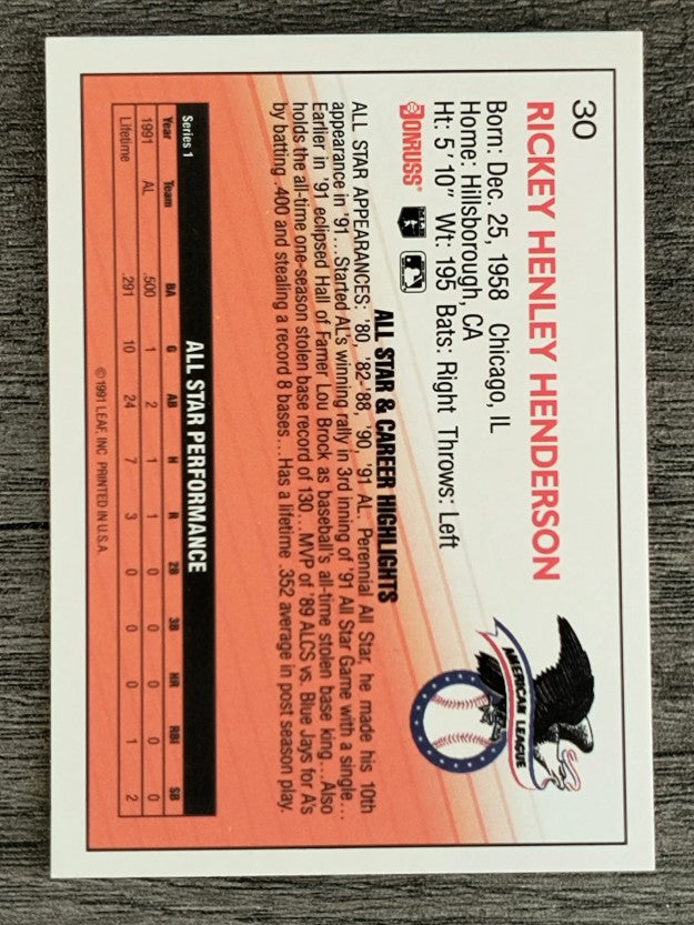 1992 Donruss #30 Rickey Henderson AS