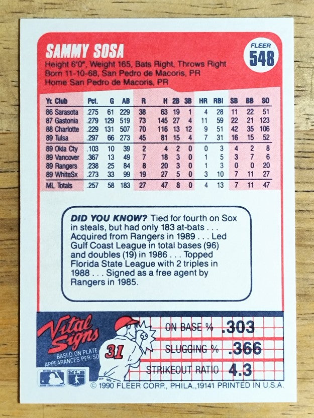 1990 Fleer #548 Sammy Sosa RC