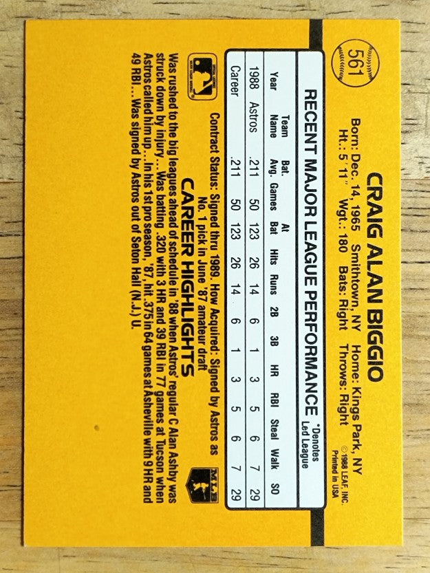 1989 Donruss #561 Craig Biggio DP RC