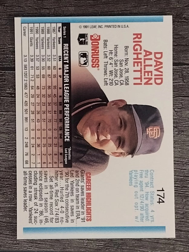 1992 Donruss #174 Dave Righetti