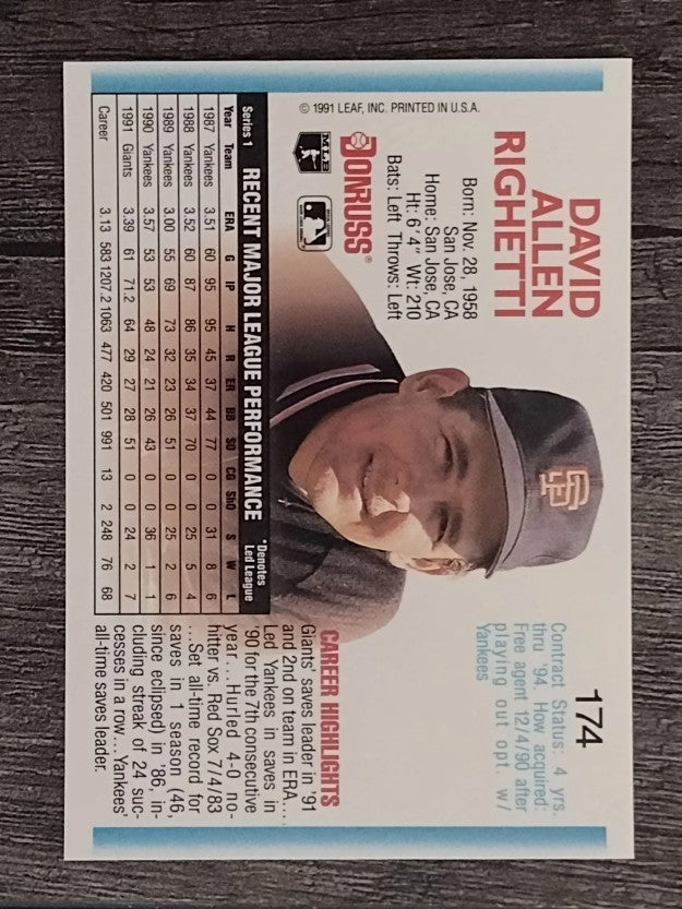 1992 Donruss #174 Dave Righetti