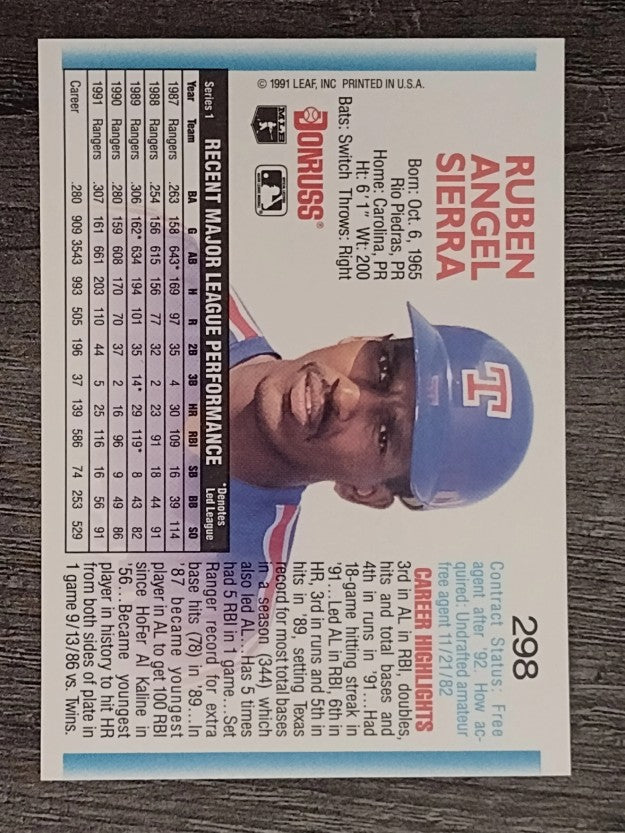 1992 Donruss #298 Ruben Sierra