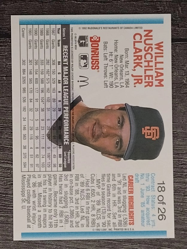 1992 Donruss McDonald's #18 Will Clark