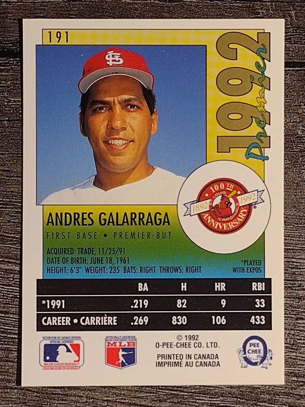 1992 O-Pee-Chee Premier #191 Andres Galarraga