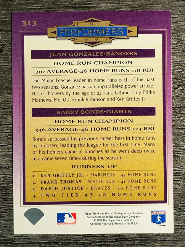 1994 Collector's Choice #313 Juan Gonzalez/Barry Bonds TP