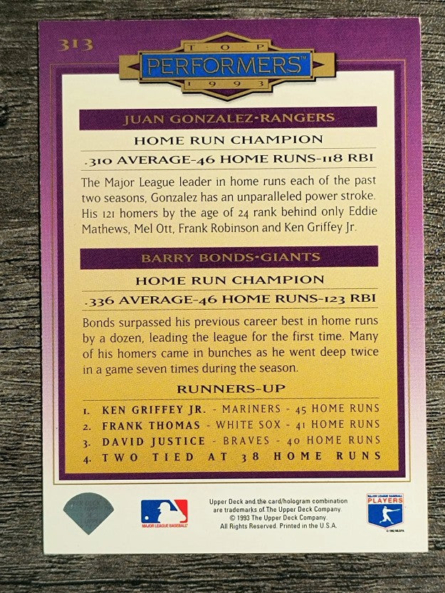 1994 Collector's Choice #313 Juan Gonzalez/Barry Bonds TP