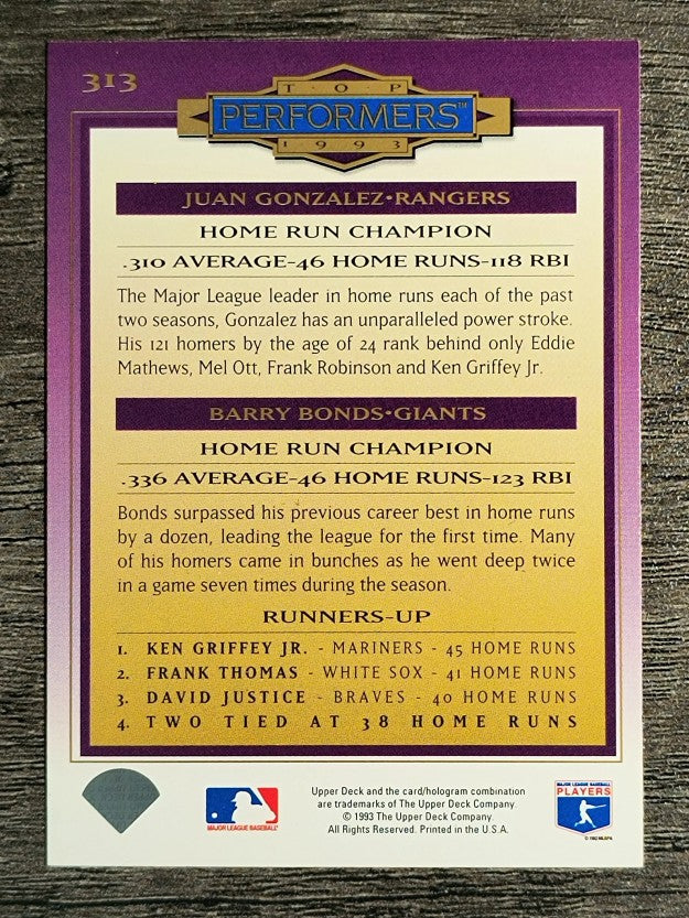 1994 Collector's Choice #313 Juan Gonzalez/Barry Bonds TP