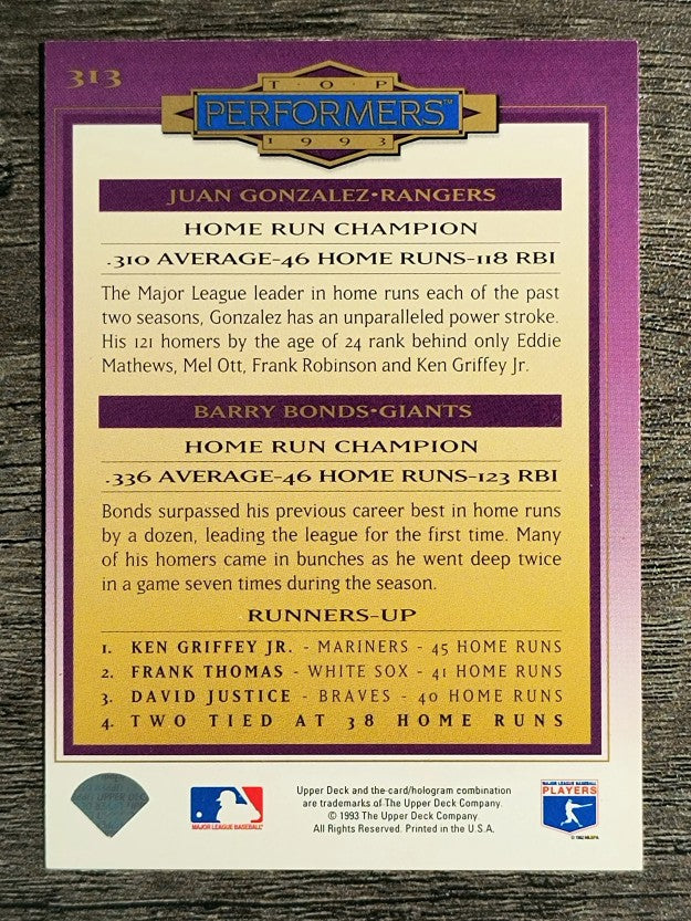 1994 Collector's Choice #313 Juan Gonzalez/Barry Bonds TP