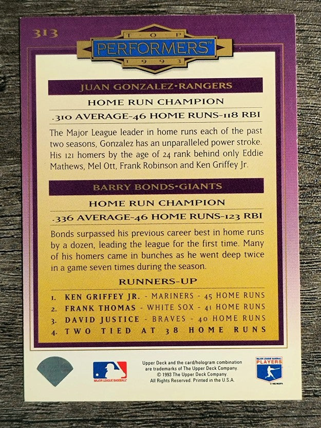1994 Collector's Choice #313 Juan Gonzalez/Barry Bonds TP