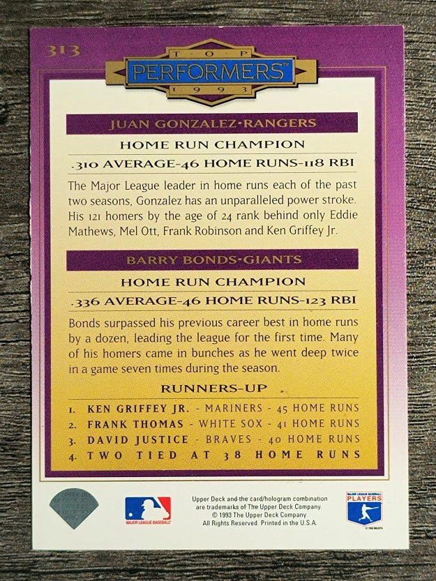 1994 Collector's Choice #313 Juan Gonzalez/Barry Bonds TP