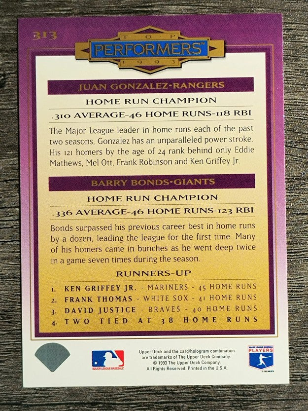 1994 Collector's Choice #313 Juan Gonzalez/Barry Bonds TP