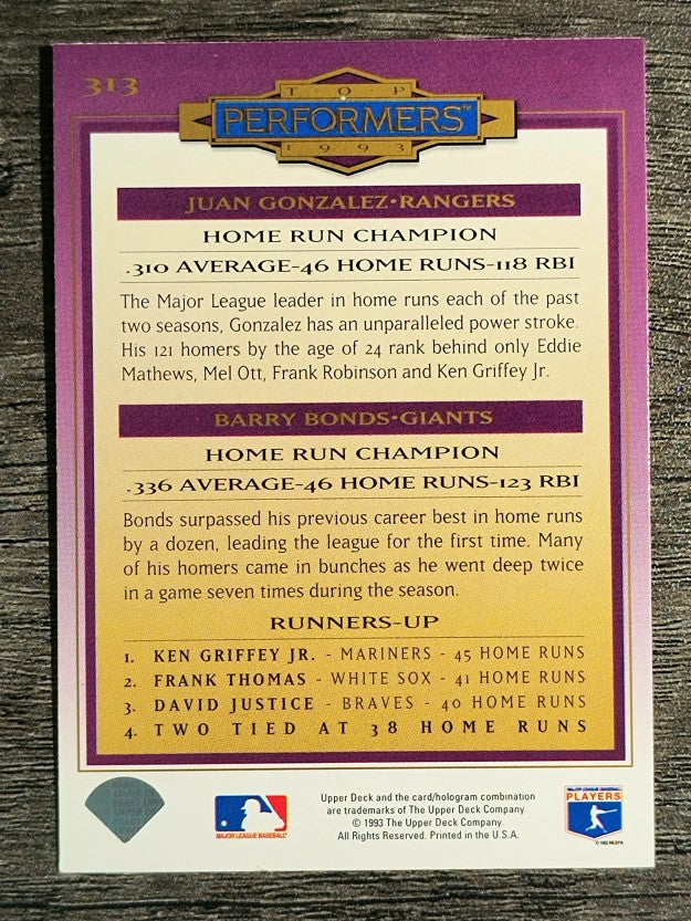 1994 Collector's Choice #313 Juan Gonzalez/Barry Bonds TP