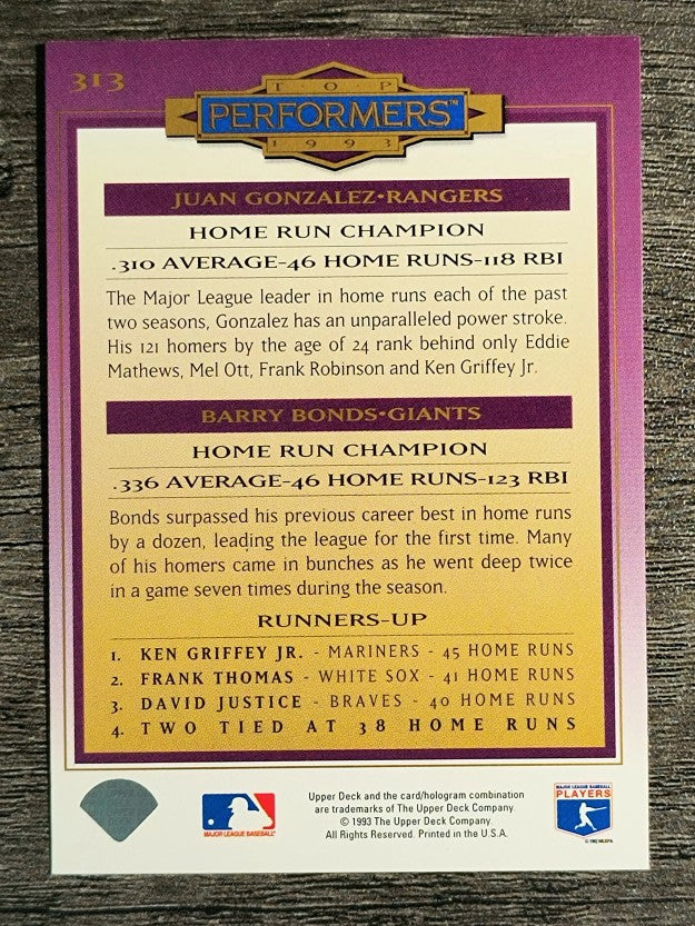 1994 Collector's Choice #313 Juan Gonzalez/Barry Bonds TP