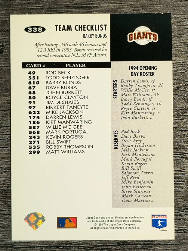 1994 Collector's Choice #338 Barry Bonds TC