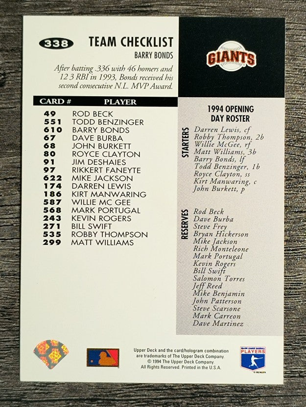 1994 Collector's Choice #338 Barry Bonds TC