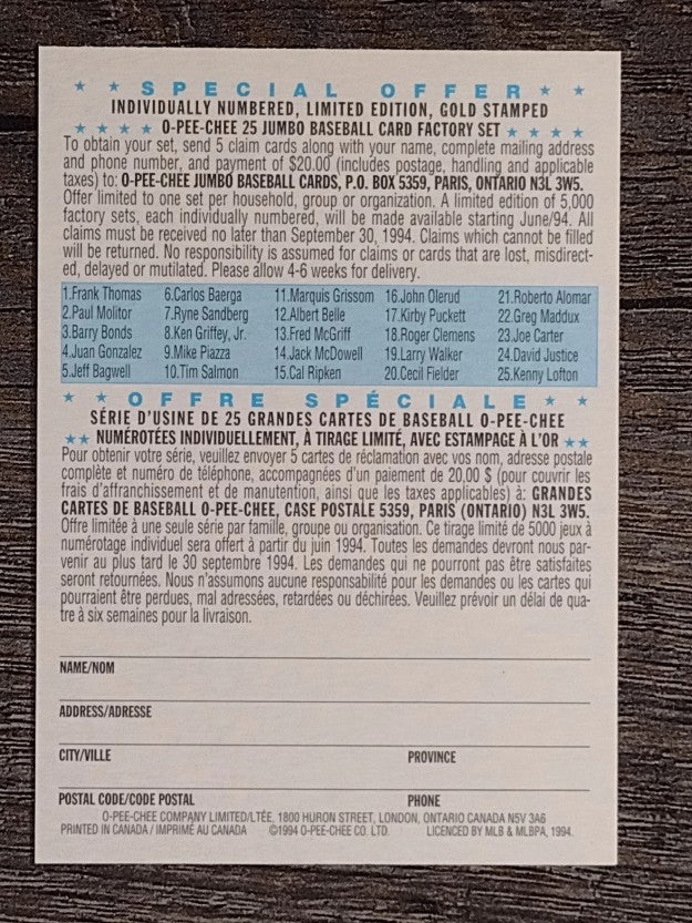 1994 O-Pee-Chee All-Star Redemptions #13 Fred McGriff