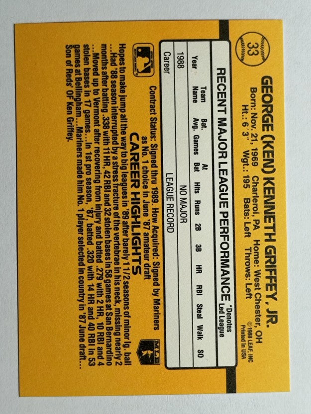 1989 Donruss #33 Ken Griffey Jr. RR RC