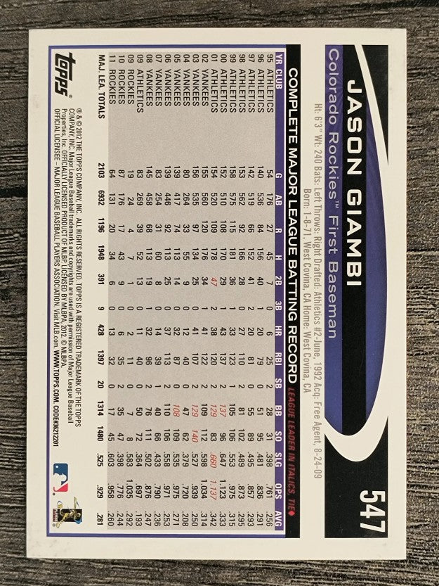 2012 Topps #547 Jason Giambi