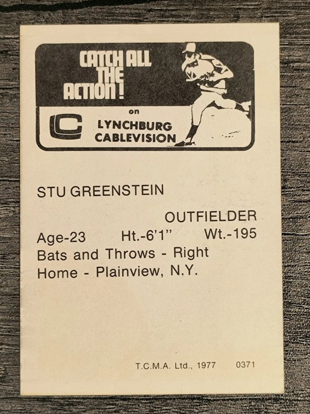 1977 Lynchburg Mets TCMA #16A Stu Greenstein/Knee showing (EX)