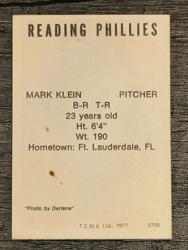 1977 Reading Phillies TCMA #15 Mark Klein (VGEX)