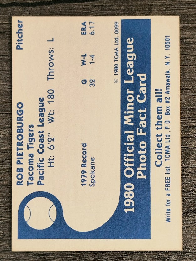 1980 Tacoma Tigers TCMA #1 Rob Pietroburgo/no number on back (EXMT)