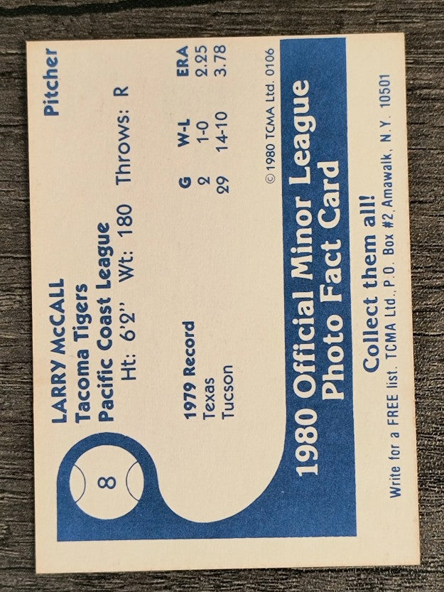 1980 Tacoma Tigers TCMA #8 Larry McCall (EXMT)