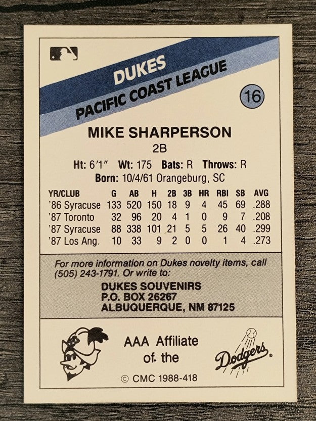 1988 Albuquerque Dukes CMC #16 Mike Sharperson