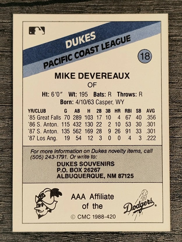 1988 Albuquerque Dukes CMC #18 Mike Devereaux