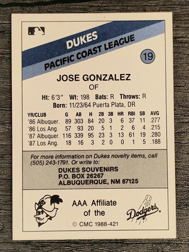 1988 Albuquerque Dukes CMC #19 Jose Gonzalez