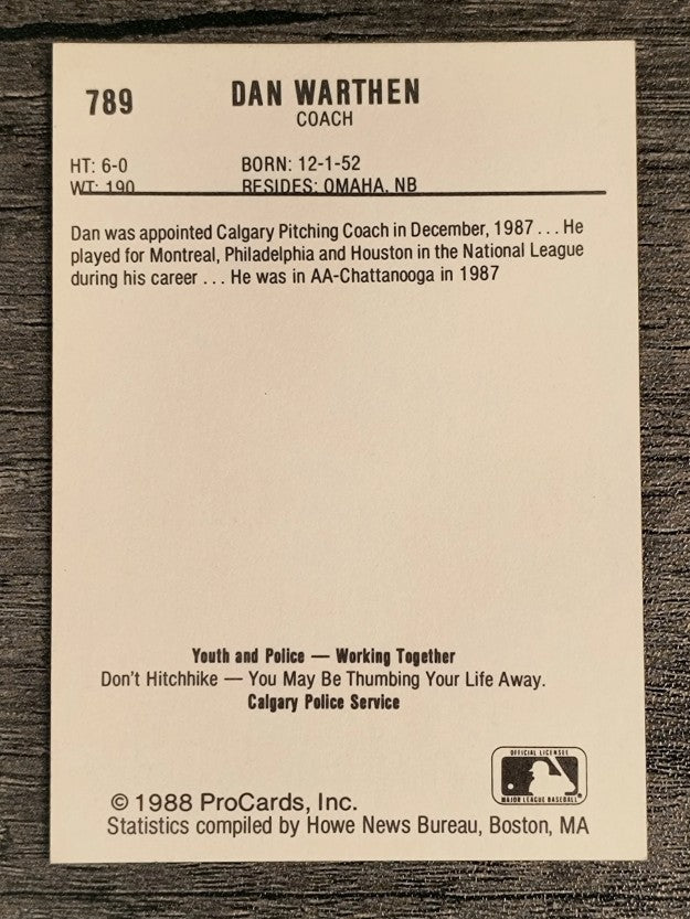 1988 Calgary Cannons ProCards #789 Dan Warthen CO