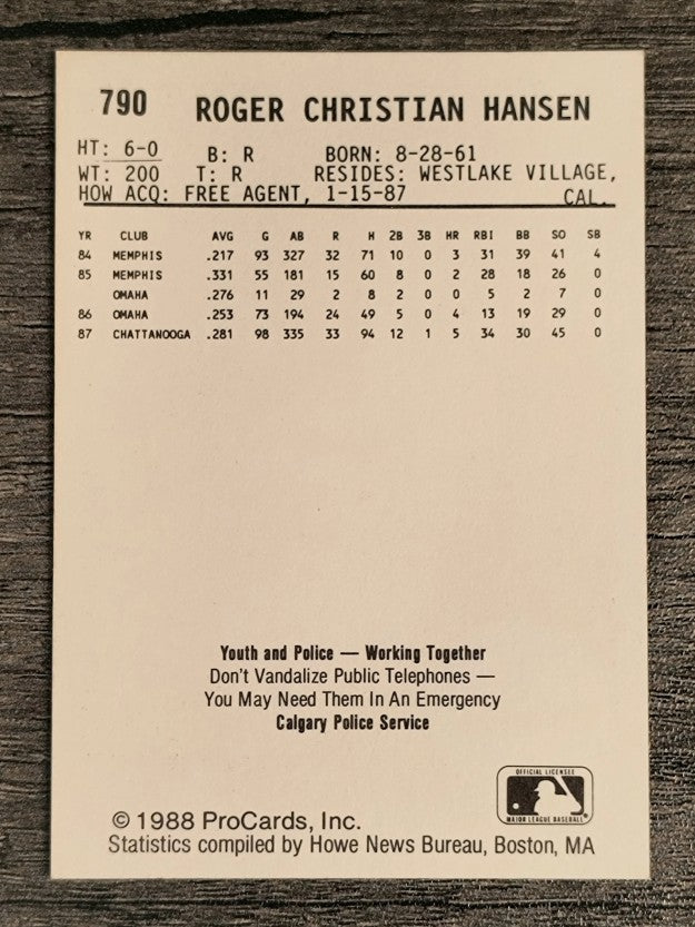 1988 Calgary Cannons ProCards #790 Roger Hansen