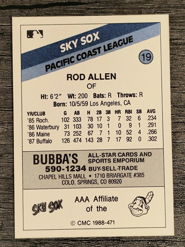 1988 Colorado Springs Sky Sox CMC #19 Rod Allen