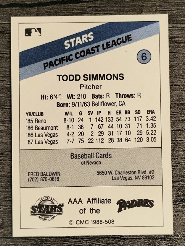 1988 Las Vegas Stars CMC #6 Todd Simmons