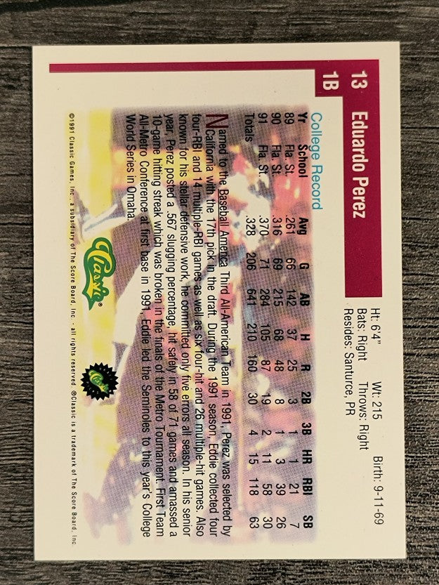 1991 Classic Draft Picks #13 Eduardo Perez