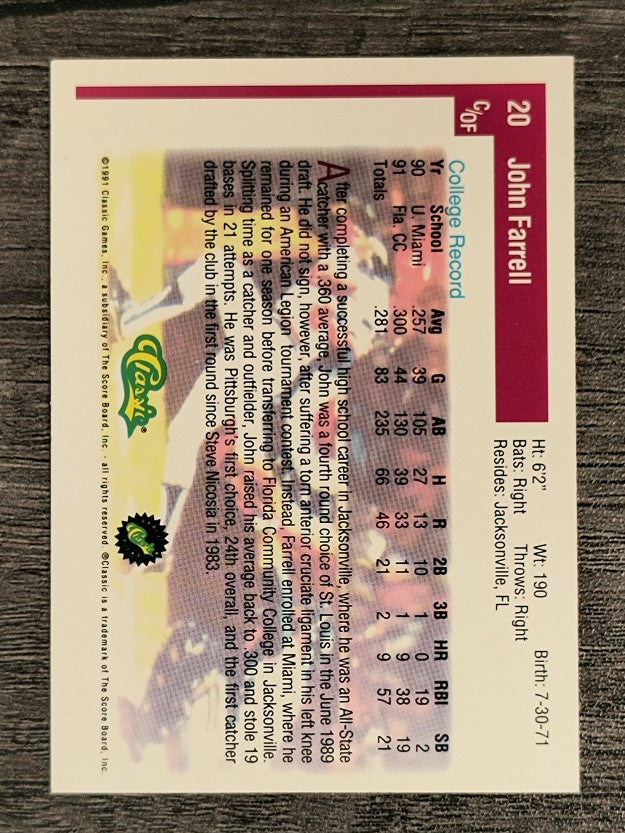 1991 Classic Draft Picks #20 John Farrell