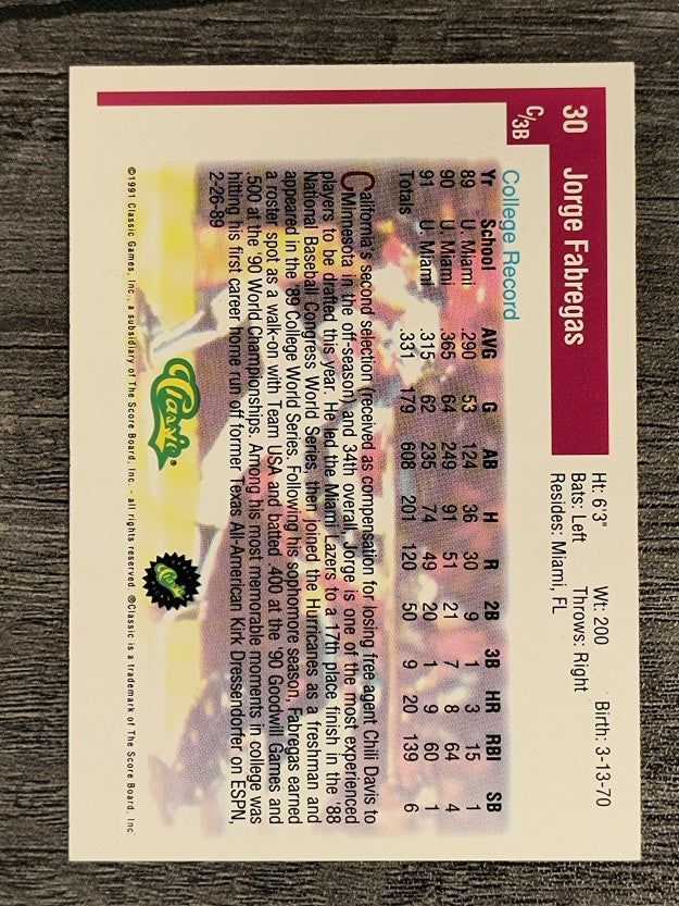 1991 Classic Draft Picks #30 Jorge Fabregas